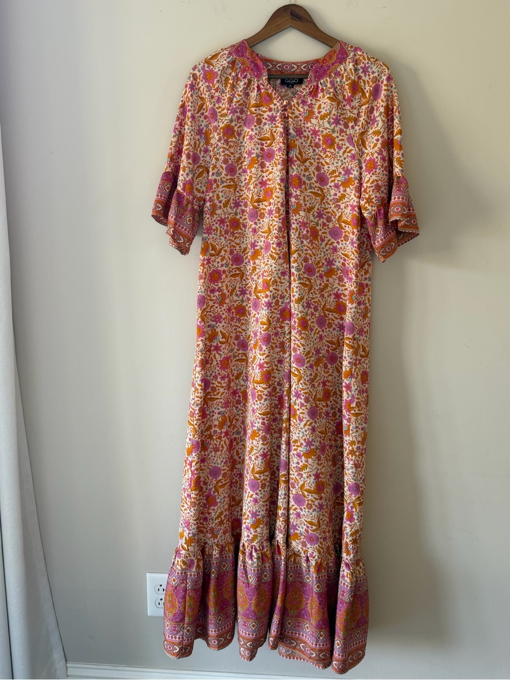 GiGio Floral Pink & Orange Maxi Dress with Ruffle Hem and Sleeve Size Medium